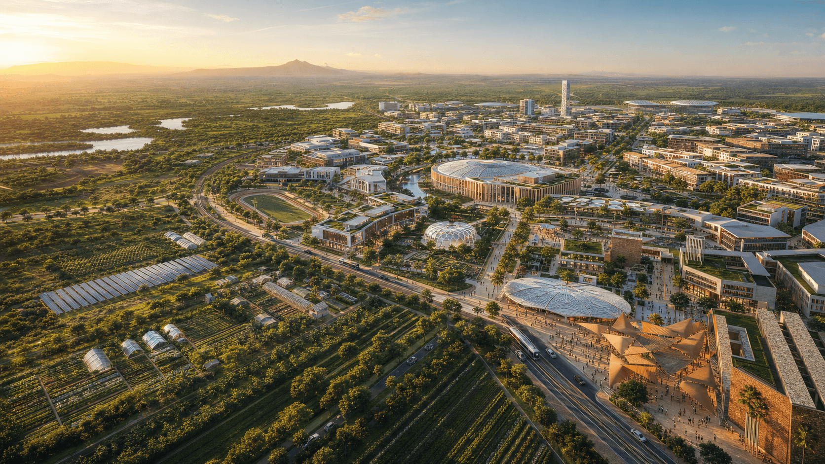 Aerial vision of Uzima, a regenerative model city woven through green productive landscape
